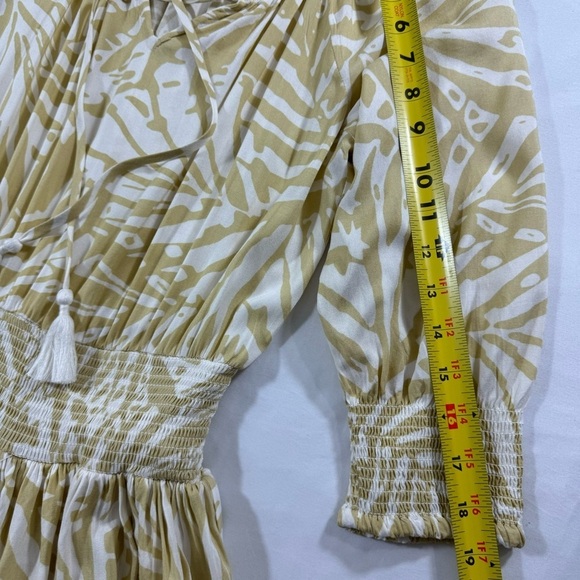 PATRONS OF PEACE Boho Smock Waist Dress Tiered Ruffles Tassels Celery & White‎ S - Picture 10 of 13